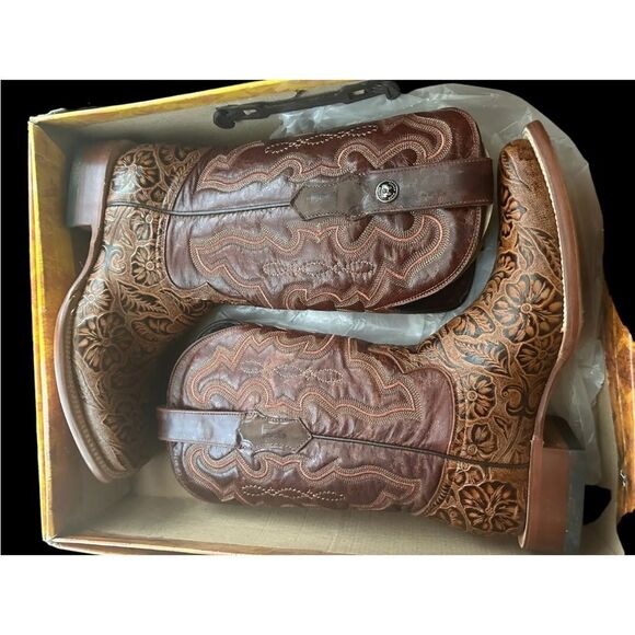 Leather Tanner Mark Hand Tooled Western Boot Broad Square Toe Men 8/Women - Picture 11 of 16